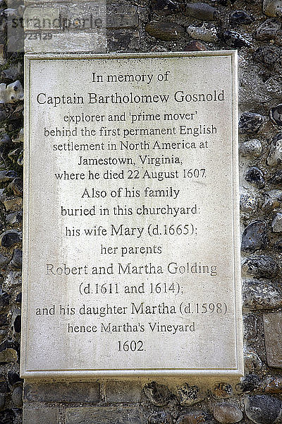 Gedenkstein für Kapitän Bartholomew Gosnold  Entdecker der ersten dauerhaften Siedlung in Nordamerika in Jamestown  Virginia  wo er 1607 starb  Bury St Edmunds  Suffolk  England