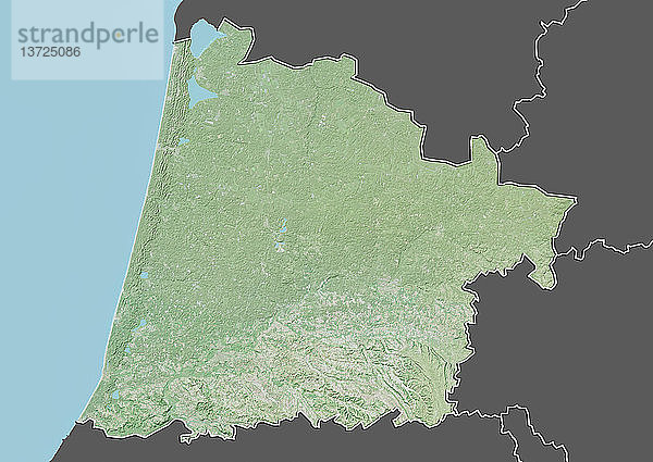 Reliefkarte des Departements Landes  Frankreich. Es wird im Westen vom Atlantik begrenzt. Dieses Bild wurde aus Daten der Satelliten LANDSAT 5 und 7 in Kombination mit Höhendaten erstellt.