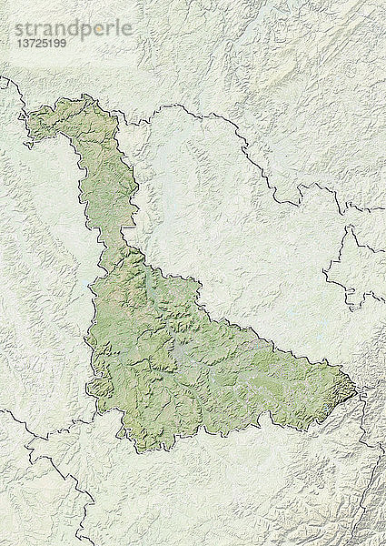 Reliefkarte des Departements Meurthe-et-Moselle  Frankreich. Es wird im Norden von Luxemburg und Belgien begrenzt. Dieses Bild wurde aus Daten der Satelliten LANDSAT 5 und 7 in Kombination mit Höhendaten erstellt.