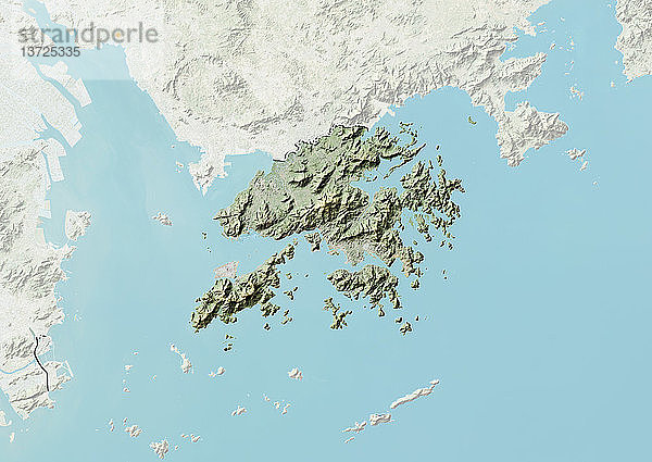 Reliefkarte von Hongkong  China. Dieses Bild wurde aus Daten des Satelliten LANDSAT 7 in Kombination mit Höhendaten erstellt.