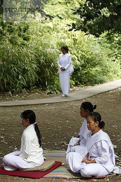 Retreat-Teilnehmer praktizieren Sitz- und Gehmeditation im Buddhapadipa-Tempel