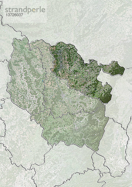 Satellitenbild des Departements Moselle in Lothringen  Frankreich. Es grenzt im Norden an Luxemburg und Deutschland. Dieses Bild wurde aus Daten der Satelliten LANDSAT 5 und 7 erstellt.