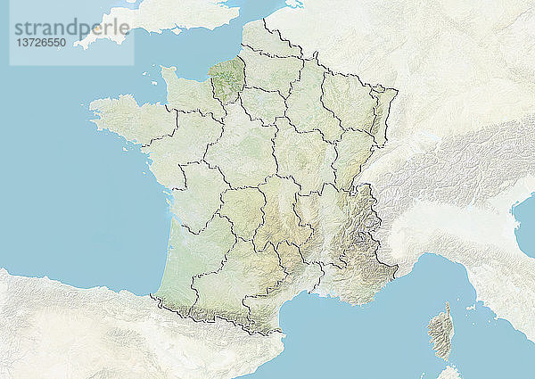 Reliefkarte von Frankreich  die die Region der Haute-Normandie zeigt. Dieses Bild wurde aus Daten der Satelliten LANDSAT 5 und 7 in Kombination mit Höhendaten erstellt.