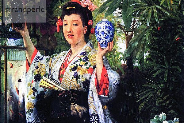 Junge Frau hält japanische Waren 1865