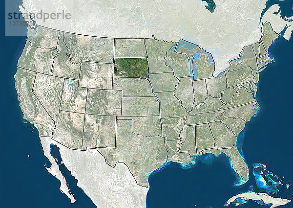 Satellitenbild der Vereinigten Staaten  das den Bundesstaat South Dakota zeigt. Dieses Bild wurde aus Daten zusammengestellt  die von den Satelliten LANDSAT 5 und 7 erfasst wurden.