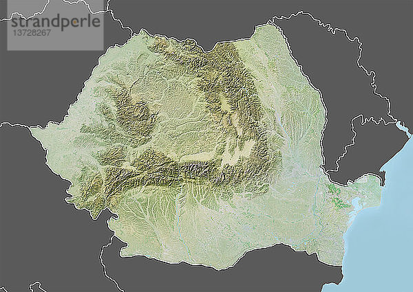 Reliefkarte von Rumänien (mit Rand und Maske). Dieses Bild wurde aus Daten der Satelliten Landsat 5 und 7 in Kombination mit Höhendaten erstellt.