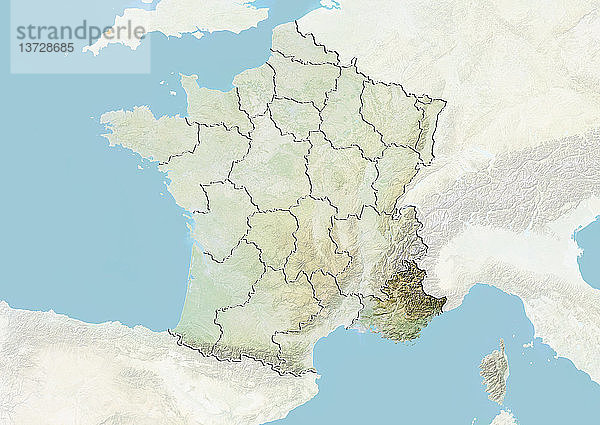 Reliefkarte von Frankreich  die die Region Provence-Alpes-Cote d´Azur zeigt. Dieses Bild wurde aus Daten der Satelliten LANDSAT 5 und 7 in Kombination mit Höhendaten erstellt.