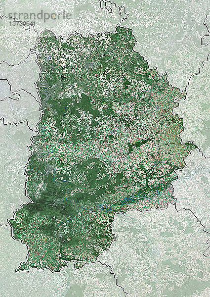 Satellitenbild des Departements Seine-et-Marne  Frankreich. Es befindet sich östlich von Paris. Dieses Bild wurde aus Daten zusammengestellt  die von den Satelliten LANDSAT 5 und 7 erfasst wurden.