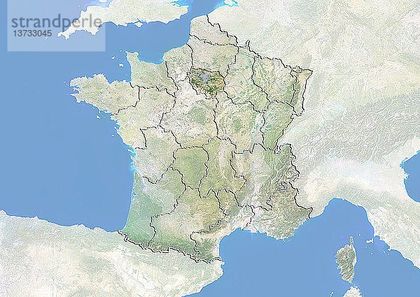 Satellitenbild von Frankreich mit Bodenwelleneffekt  das die Region Ile-de-France zeigt. Dieses Bild wurde aus Daten der Satelliten LANDSAT 5 und 7 in Kombination mit Höhendaten erstellt.
