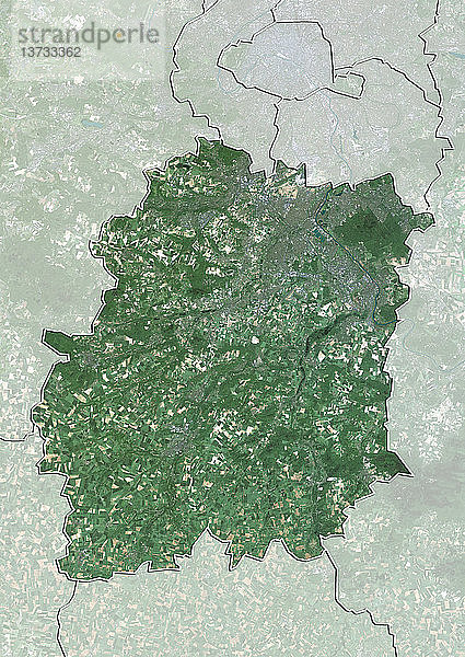 Satellitenbild des Departements Essonne  Frankreich. Das gesamte nördliche Departement Essonne gehört zum Pariser Ballungsraum. Dieses Bild wurde aus Daten der Satelliten LANDSAT 5 und 7 erstellt.