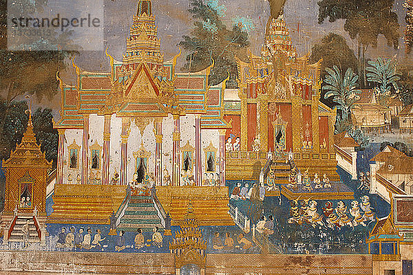 Sylver-Pagode. Dieses Wandgemälde zeigt Szenen aus dem Reamker  der kambodschanischen oder Khmer-Version des klassischen Hindu-Gedichts Ramayana.
