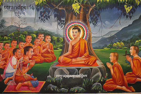Gemälde  das Buddha unter einem Baum lehrend darstellt  mit König Bimbisara in Rajagaha