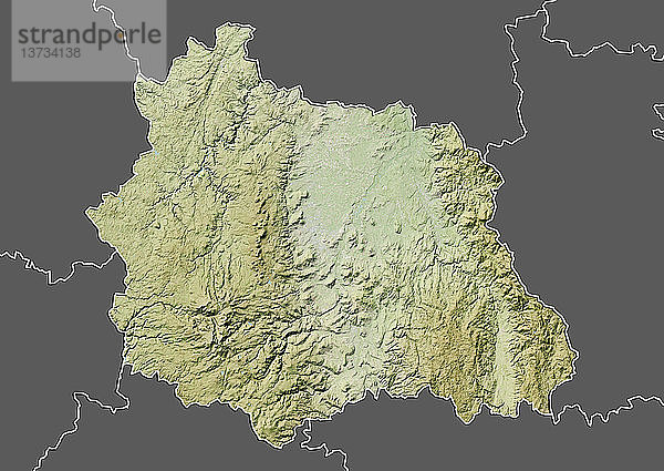 Reliefkarte des Departements Puy-de-Dome  Frankreich. Es ist bekannt für die Chaine-des-Puys  eine in Nord-Süd-Richtung verlaufende Kette von über 60 Vulkanen. Dieses Bild wurde aus Daten der Satelliten LANDSAT 5 und 7 in Kombination mit Höhendaten erstellt.