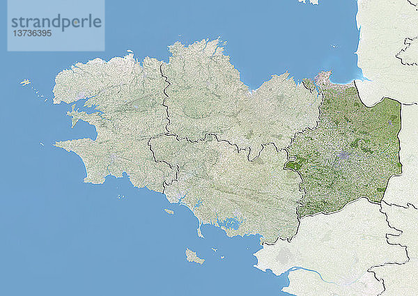 Satellitenbild mit Bodenwelleneffekt des Departements Ille-et-Vilaine in der Bretagne  Frankreich. Es wird im Norden durch den Ärmelkanal begrenzt. Dieses Bild wurde aus Daten der Satelliten LANDSAT 5 und 7 in Kombination mit Höhendaten erstellt.