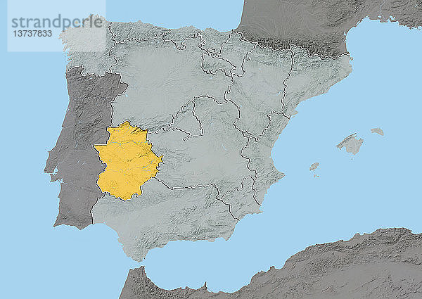 Reliefkarte von Extremadura  Spanien. Dieses Bild wurde aus Daten der Satelliten LANDSAT 5 und 7 in Kombination mit Höhendaten erstellt.