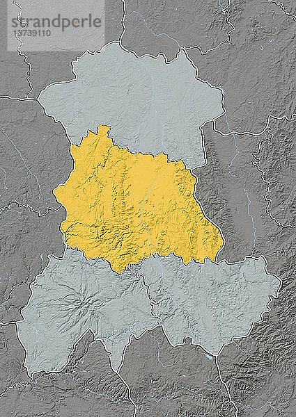 Reliefkarte des Departements Puy-de-Dome in der Auvergne  Frankreich. Es ist bekannt für die Chaine-des-Puys  eine in Nord-Süd-Richtung verlaufende Kette von über 60 Vulkanen. Dieses Bild wurde aus Höhendaten verarbeitet.