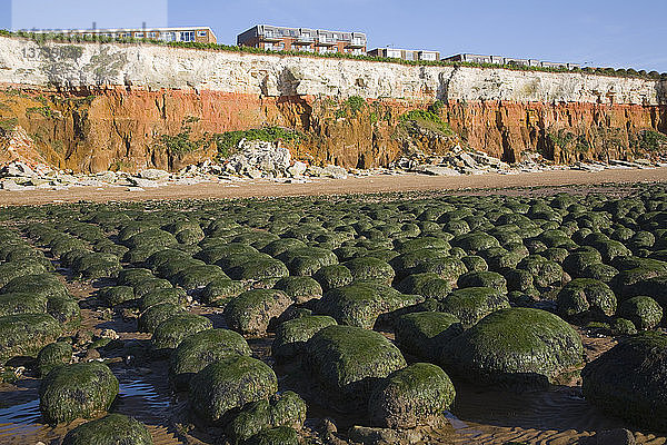 Kreide  Rötel und Karststein bilden gestreifte Klippen in Weiß  Rot und Orange bei Hunstanton  Norfolk  England