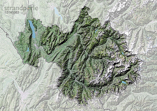 Satellitenbild mit Bodenwelleneffekt des Departements Savoie  Frankreich. Es grenzt im Osten an Italien und ist Teil der französischen Alpen mit vielen berühmten Skigebieten. Dieses Bild wurde aus Daten der Satelliten LANDSAT 5 und 7 in Kombination mit Höhendaten erstellt.