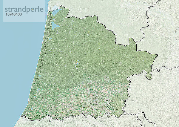 Reliefkarte des Departements Landes  Frankreich. Es wird im Westen vom Atlantik begrenzt. Dieses Bild wurde aus Daten der Satelliten LANDSAT 5 und 7 in Kombination mit Höhendaten erstellt.