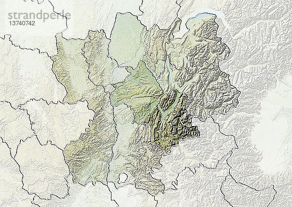 Reliefkarte des Departements Isere in Rhone-Alpes  Frankreich. Es ist Teil der französischen Alpen und beherbergt viele bekannte Skigebiete. Dieses Bild wurde aus Daten der Satelliten LANDSAT 5 und 7 in Kombination mit Höhendaten erstellt.