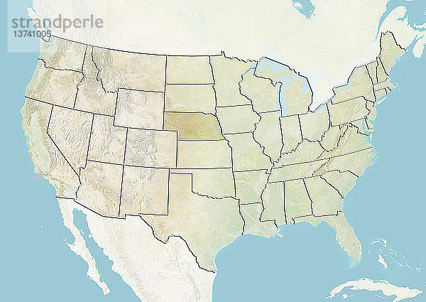 Reliefkarte der Vereinigten Staaten  die den Bundesstaat Nebraska zeigt. Dieses Bild wurde aus Daten der Satelliten LANDSAT 5 und 7 in Kombination mit Höhendaten erstellt.