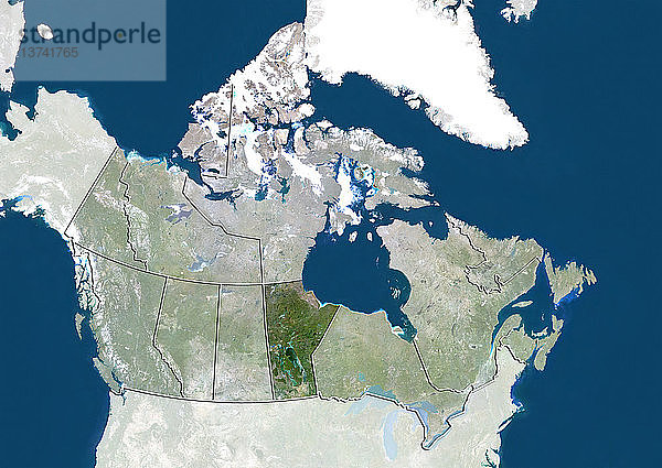 Satellitenbild von Kanada  das die Provinz Manitoba zeigt. Dieses Bild wurde aus Daten zusammengestellt  die von den Satelliten LANDSAT 5 und 7 erfasst wurden.