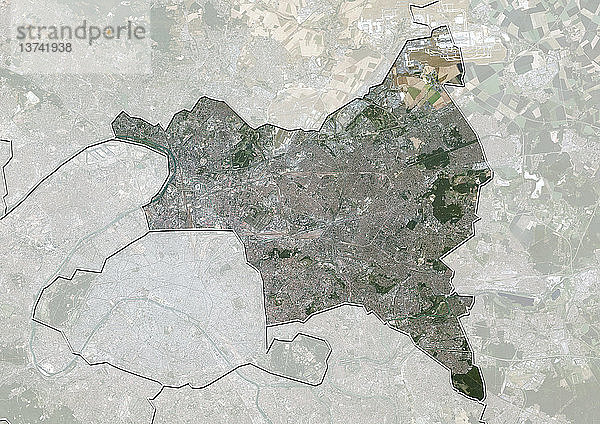 Luftaufnahme des Departements Seine-Saint-Denis  Frankreich. Es liegt im Nordosten von Paris und umfasst den Flughafen Paris-Charles de Gaulle im Norden. Dieses Bild wurde aus IGN-Daten zusammengestellt.