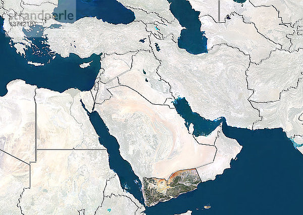 Satellitenbild des Jemen im Nahen Osten mit Ländergrenzen. Dieses Bild wurde aus Daten des LANDSAT-Satelliten zusammengestellt.
