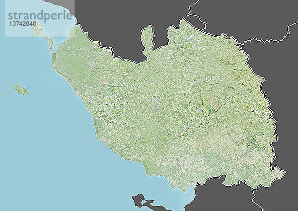 Reliefkarte des Departements Vendee  Frankreich. Es grenzt im Westen an den Atlantik und umfasst die Inseln Ile d´Yeu und Noirmoutier. Dieses Bild wurde aus Daten der Satelliten LANDSAT 5 und 7 in Kombination mit Höhendaten erstellt.