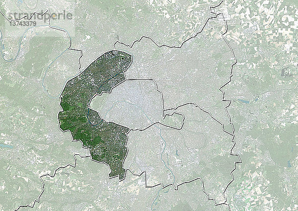Satellitenbild des Departements Hauts-de-Seine  Frankreich. Es grenzt im Osten an die Departements Paris  Seine-Saint-Denis und Val-de-Marne. Dieses Bild wurde aus Daten zusammengestellt  die von den Satelliten LANDSAT 5 und 7 erfasst wurden.