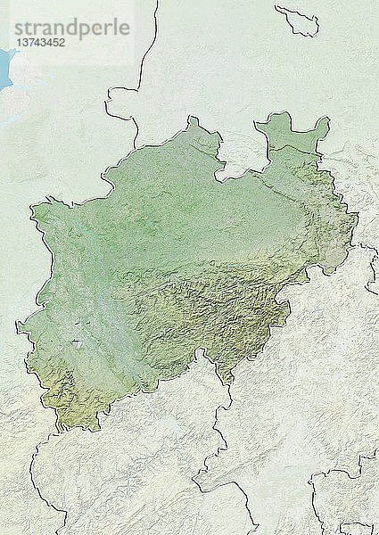 Reliefkarte des Bundeslandes Nordrhein-Westfalen  Deutschland. Dieses Bild wurde aus Daten der Satelliten LANDSAT 5 und 7 in Kombination mit Höhendaten erstellt.