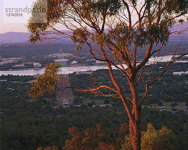 Blick auf das Parlamentsgebäude vom Mount Ainslie Canberra  Australisches Hauptstadtterritorium  Australien