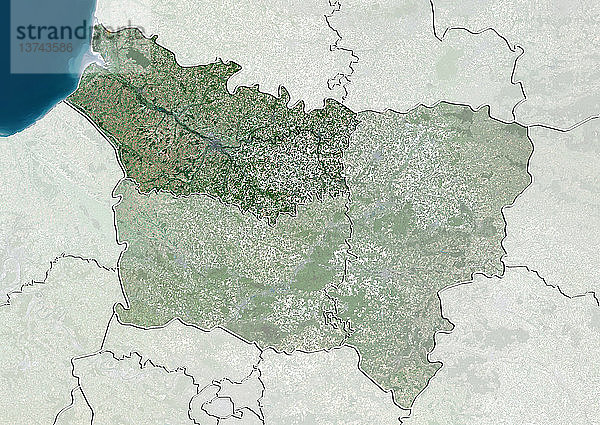 Satellitenbild des Departements Somme in der Picardie  Frankreich. Es liegt an der Nordküste Frankreichs und wird durch den Ärmelkanal begrenzt. Dieses Bild wurde aus Daten zusammengestellt  die von den Satelliten LANDSAT 5 und 7 erfasst wurden.