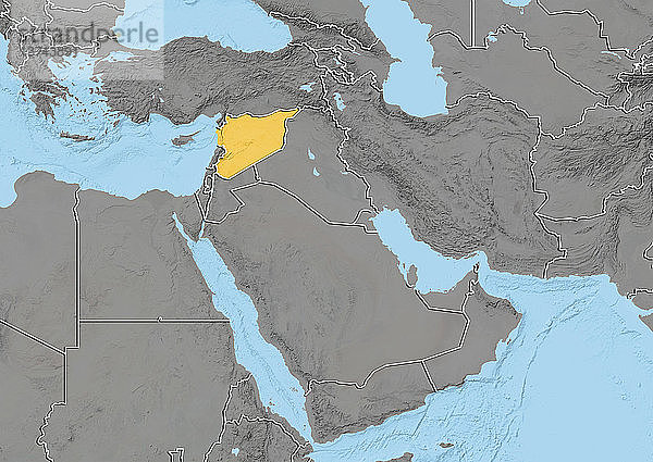 Reliefkarte von Syrien im Nahen Osten mit Ländergrenzen. Diese Karte wurde aus Höhendaten erstellt.
