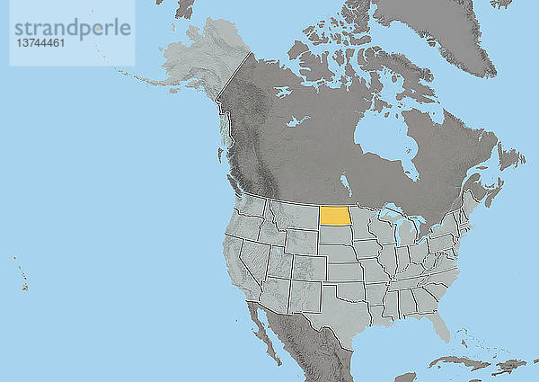 Reliefkarte des Bundesstaates North Dakota  Vereinigte Staaten. Dieses Bild wurde aus Daten der Satelliten LANDSAT 5 und 7 in Kombination mit Höhendaten erstellt.