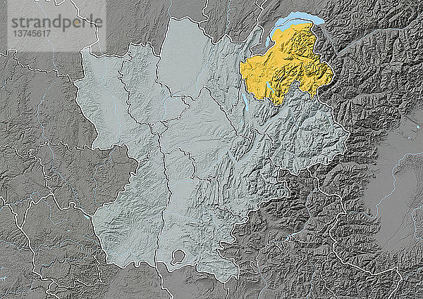 Reliefkarte des Departements Haute-Savoie in Rhone-Alpes  Frankreich. Reliefkarte des Departements Haute-Savoie  Frankreich. Im Norden liegen der Genfer See und die Schweiz  im Süden und Südosten der Mont Blanc und die Alpenkette. Dieses Bild wurde aus Höhendaten verarbeitet.