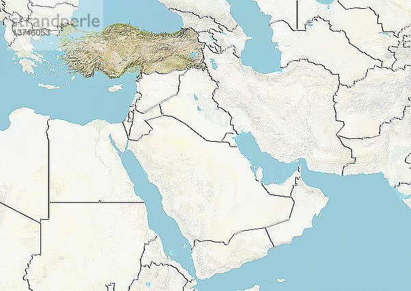 Reliefkarte der Türkei im Nahen Osten mit Ländergrenzen. Diese Karte wurde aus Höhendaten erstellt.