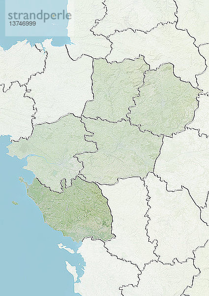 Reliefkarte des Departements Vendee in Pays-de-la-Loire  Frankreich. Es grenzt im Westen an den Atlantik und umfasst die Inseln Ile d´Yeu und Noirmoutier. Dieses Bild wurde aus Daten der Satelliten LANDSAT 5 und 7 in Kombination mit Höhendaten erstellt.