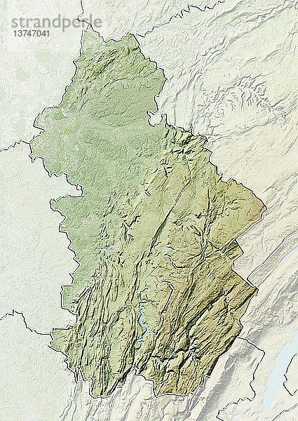 Reliefkarte des Departements Jura  Frankreich. Es ist die Heimat des Juragebirges und grenzt im Osten an die Schweiz. Dieses Bild wurde aus Daten der Satelliten LANDSAT 5 und 7 in Kombination mit Höhendaten erstellt.