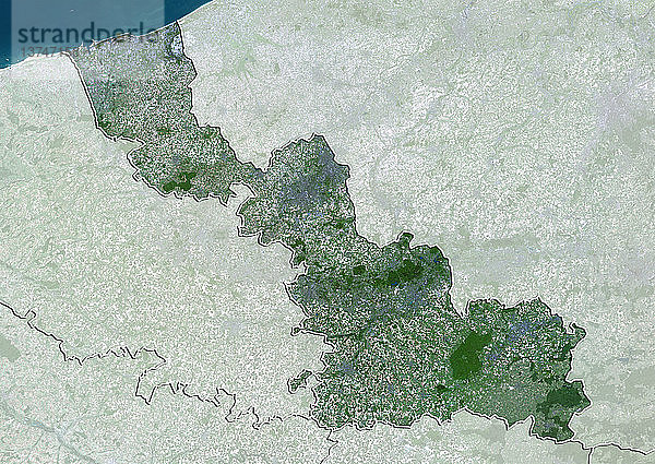 Satellitenbild des Departements Nord  Frankreich. Es wird im Norden von der Nordsee und im Osten von Belgien begrenzt. Dieses Bild wurde aus Daten der Satelliten LANDSAT 5 und 7 erstellt.