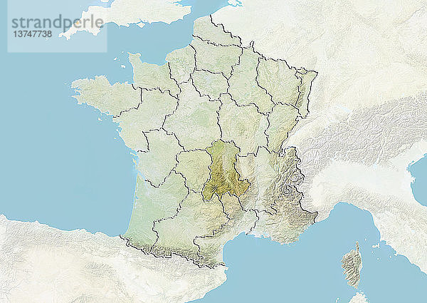 Reliefkarte von Frankreich  die die Region Auvergne zeigt. Dieses Bild wurde aus Daten der Satelliten LANDSAT 5 und 7 in Kombination mit Höhendaten erstellt.
