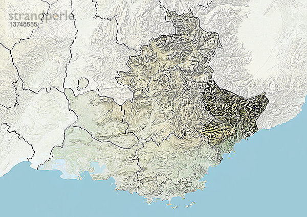 Reliefkarte des Departements Alpes-Maritimes in Provence-Alpes-Cote d´Azur  Frankreich. Sie umfasst die Küstenlinie der Côte d'Azur am Mittelmeer und den südlichen Teil der Alpen. Dieses Bild wurde aus Daten der Satelliten LANDSAT 5 und 7 in Kombination mit Höhendaten erstellt.