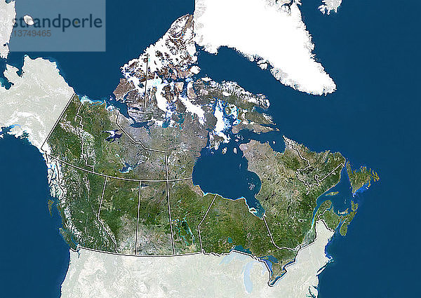 Satellitenbild von Kanada mit den Grenzen der Provinzen. Dieses Bild wurde aus Daten zusammengestellt  die von den Satelliten LANDSAT 5 und 7 erfasst wurden.