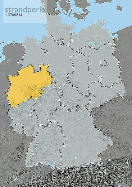 Reliefkarte des Bundeslandes Nordrhein-Westfalen  Deutschland. Dieses Bild wurde aus Daten der Satelliten LANDSAT 5 und 7 in Kombination mit Höhendaten erstellt.