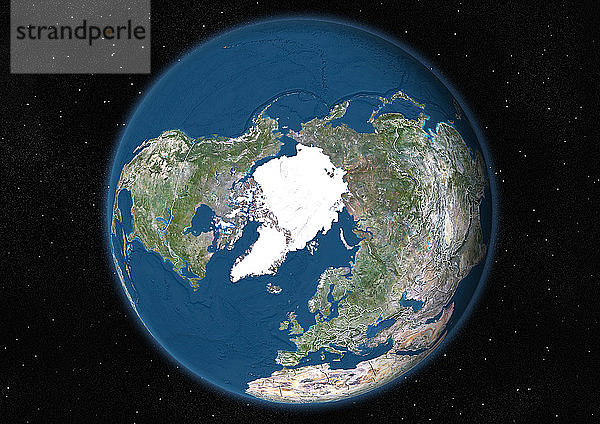 Diese Satellitenansicht zeigt den Erdglobus auf Sternenhintergrund mit Fokus auf den Nordpol  mit Ländergrenzen und Meeresrelief.