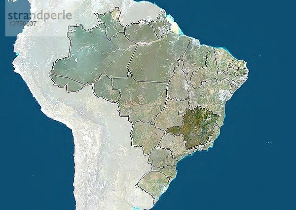 Satellitenbild von Brasilien  das den Bundesstaat Minas Gerais zeigt. Dieses Bild wurde aus Daten zusammengestellt  die von den Satelliten LANDSAT 5 und 7 erfasst wurden.