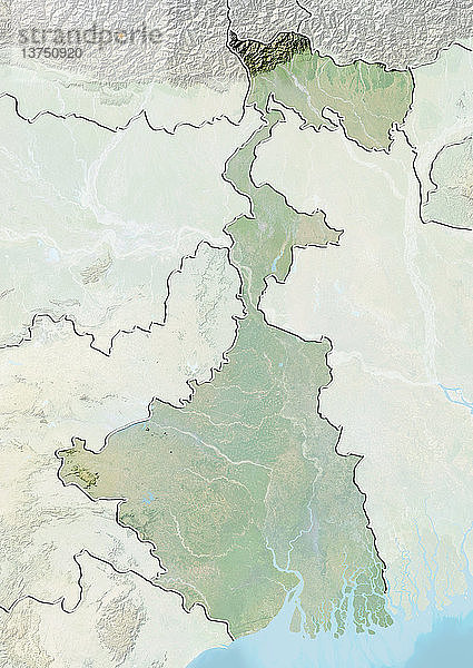 Reliefkarte des Bundesstaates Westbengalen  Indien. Dieses Bild wurde aus Daten der Satelliten LANDSAT 5 und 7 in Kombination mit Höhendaten erstellt.