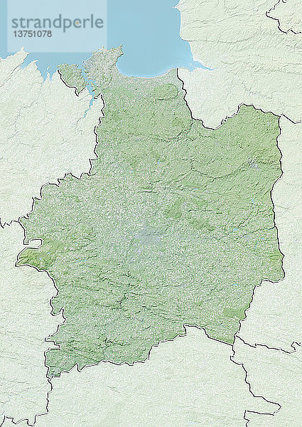Reliefkarte des Departements Ille-et-Vilaine  Frankreich. Es wird im Norden durch den Ärmelkanal begrenzt. Dieses Bild wurde aus Daten der Satelliten LANDSAT 5 und 7 in Kombination mit Höhendaten erstellt.