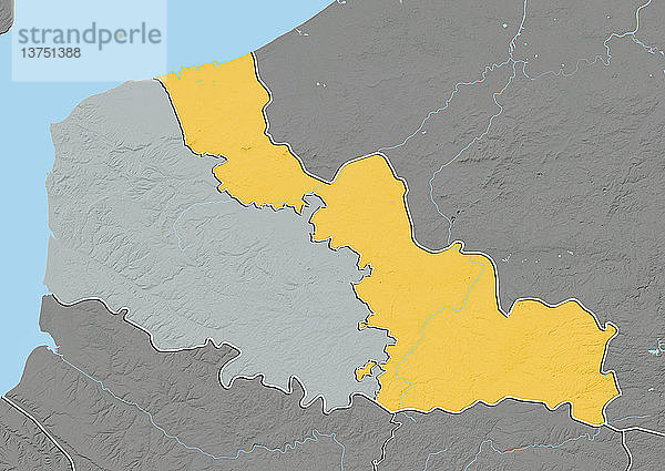 Reliefkarte des Departements Nord in Nord-Pas-de-Calais  Frankreich. Es wird im Norden von der Nordsee und im Osten von Belgien begrenzt. Dieses Bild wurde aus Höhendaten verarbeitet.