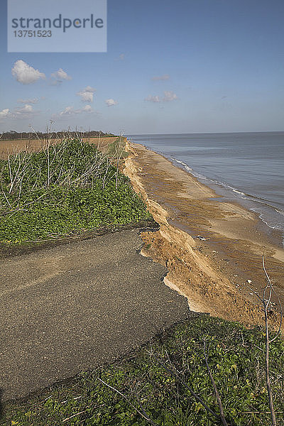 Schnelle Küstenerosion  Ende der Straße bei Covehithe  Suffolk  England